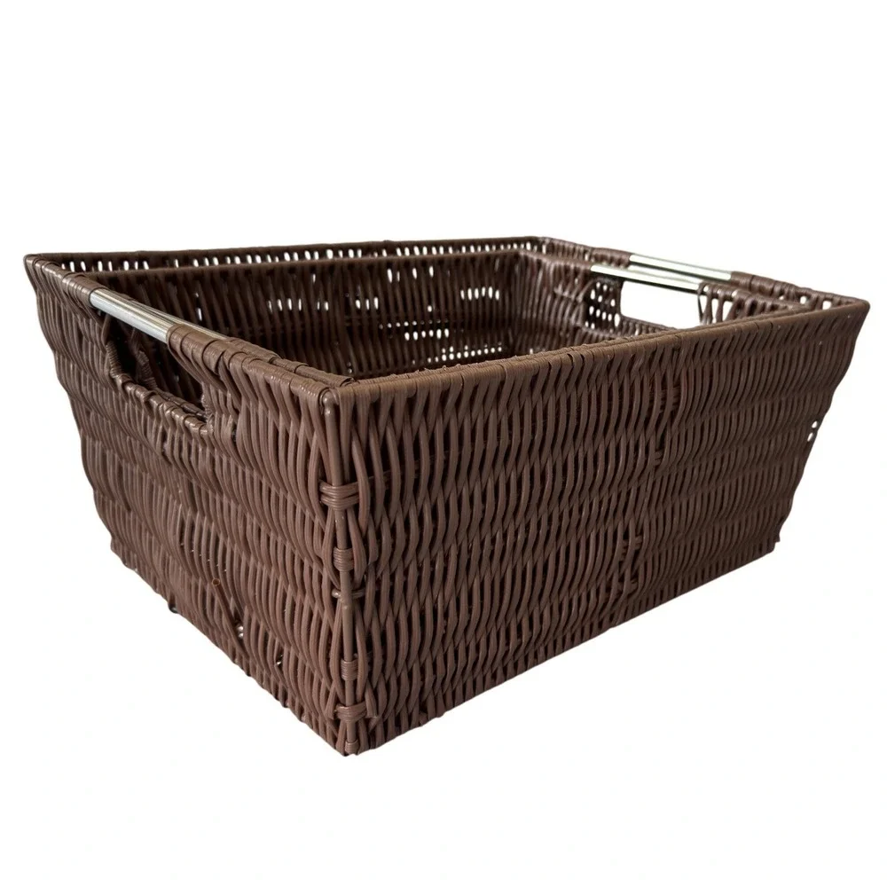 Set of 2 Brown Woven Storage Baskets with Metal Handles Nesting Bins